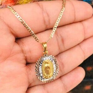 14K GF Virgen de Guadalupe Pendant 26x18mm Necklace Mariner Link Chain 18" Adult